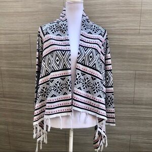 Roxy Girl Cardigan XL Black White Geometric Tribal Fringe Open Front Sweater